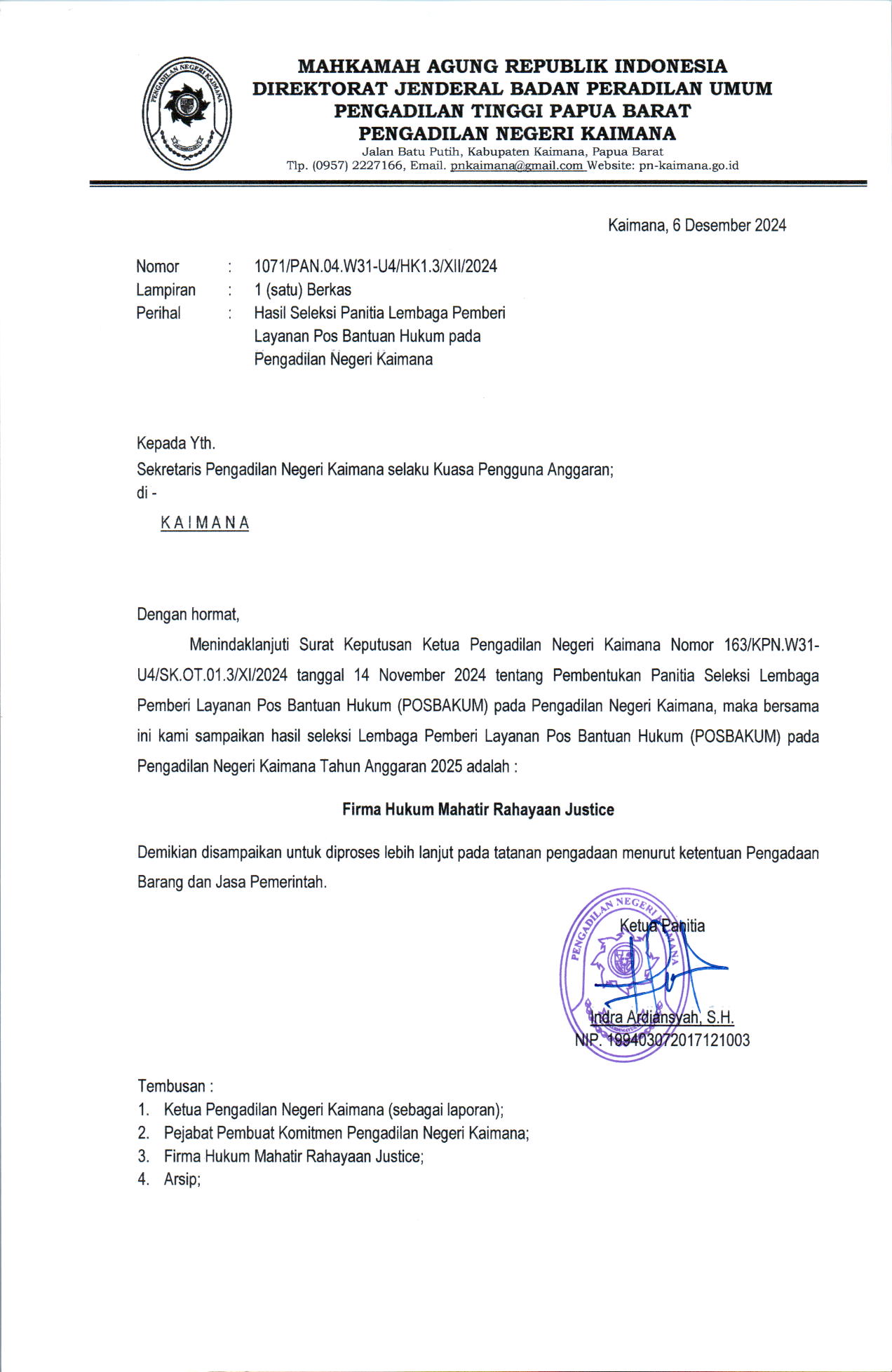 Hasil seleksi Posbakum